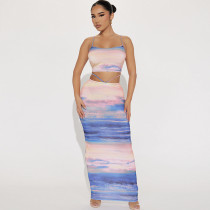 Tight and backless two-piece set with suspender, bra, short vest, high waistband, lace up skirt, fashion dress set