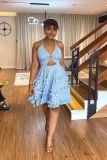 Open back suspender temperament wooden ear edge sexy slimming cake women's dress