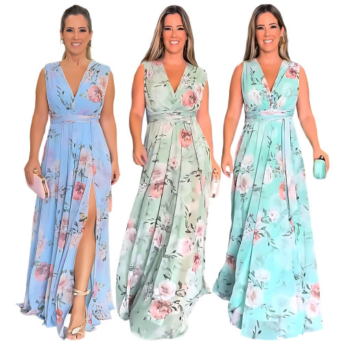 Chiffon Sleeveless Summer Printed Split Tank Top Women's Dress