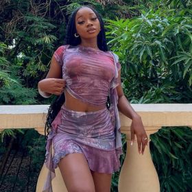 Mesh printed tight fitting skirt with ruffle edge short top and mini skirt fashion set