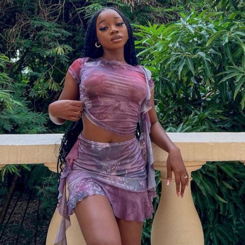 Mesh printed tight fitting skirt with ruffle edge short top and mini skirt fashion set