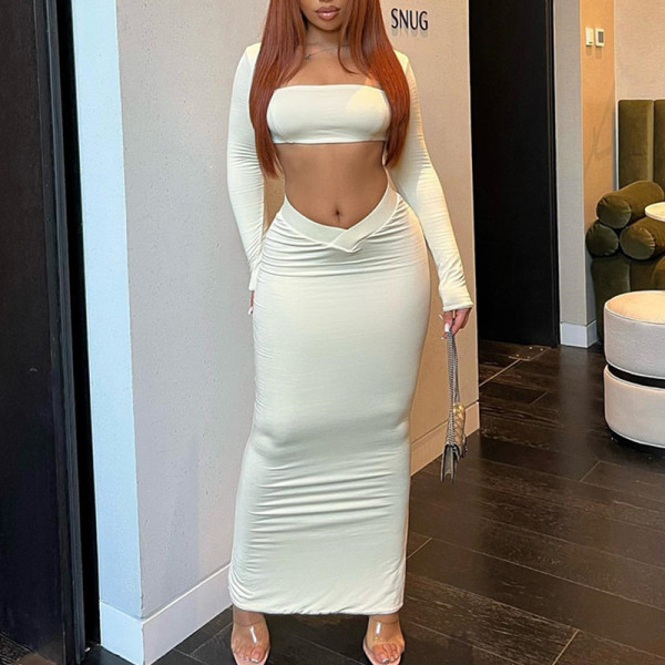 Solid sexy chest wrap square neck long sleeved navel exposed half length skirt fashion casual set