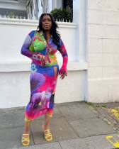 Fashion printed top, shirt collar button, flared sleeves, buttocks, half length skirt, vacation two-piece set