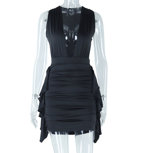 Sexy Deep V-neck Sleeveless Wrap Hip Wrap Dress Irregular Dress