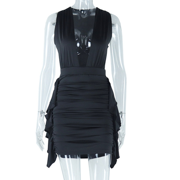 Sexy Deep V-neck Sleeveless Wrap Hip Wrap Dress Irregular Dress
