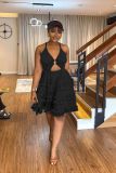 Open back suspender temperament wooden ear edge sexy slimming cake women's dress