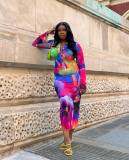 Fashion printed top, shirt collar button, flared sleeves, buttocks, half length skirt, vacation two-piece set
