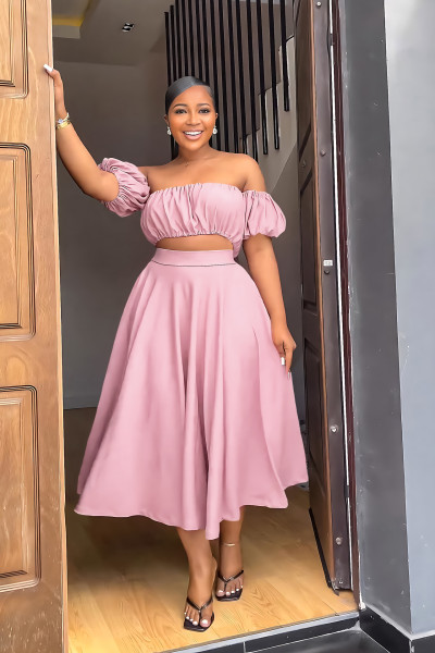 One line collar, bra, high waist, A-line long skirt, spring and summer women's two-piece set