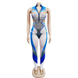 Women's printed sleeveless zippered tight pants two-piece set