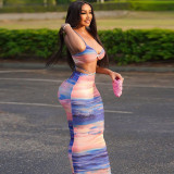 Tight and backless two-piece set with suspender, bra, short vest, high waistband, lace up skirt, fashion dress set