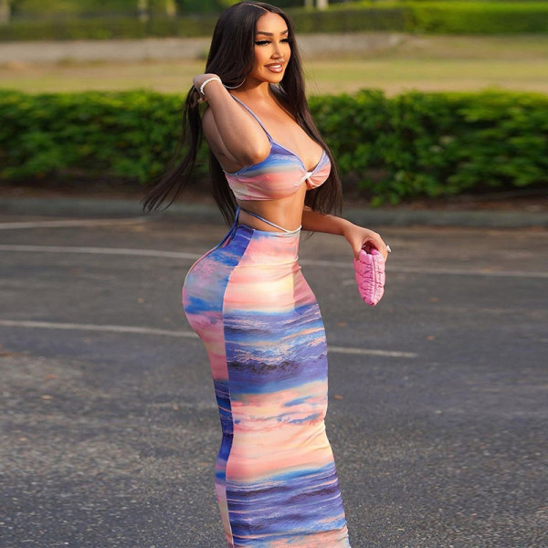 Tight and backless two-piece set with suspender, bra, short vest, high waistband, lace up skirt, fashion dress set