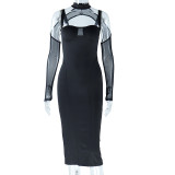 Solid sexy chest wrap long sleeved mesh patchwork buttocks split dress