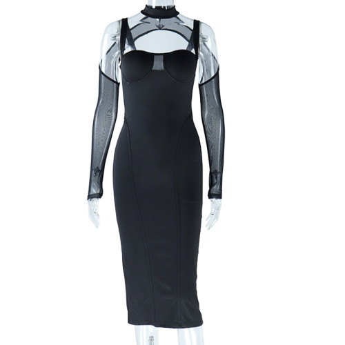 Solid sexy chest wrap long sleeved mesh patchwork buttocks split dress