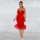 Women's Solid Color Sexy Bra Perspective Mesh Wrap Hip Skirt