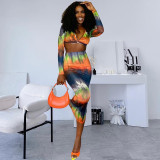 Fashionable gradient print sexy wrap chest long sleeved half body wrap buttocks skirt two-piece women's set