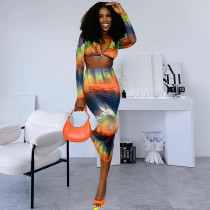 Fashionable gradient print sexy wrap chest long sleeved half body wrap buttocks skirt two-piece women's set