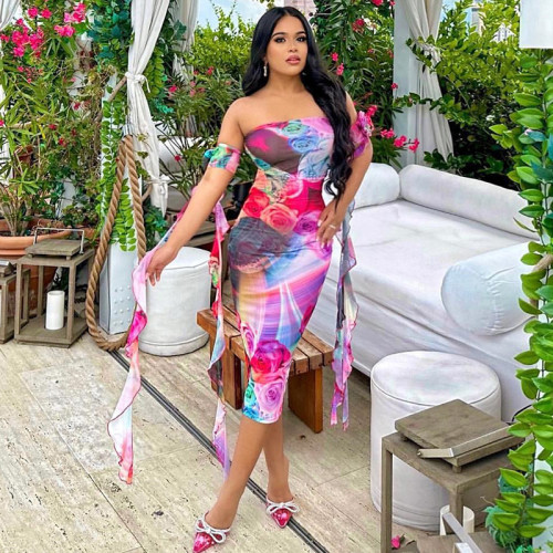 Chest wrap tight dress with floral ribbon sleeves, printed buttock wrap dress, mid length dress