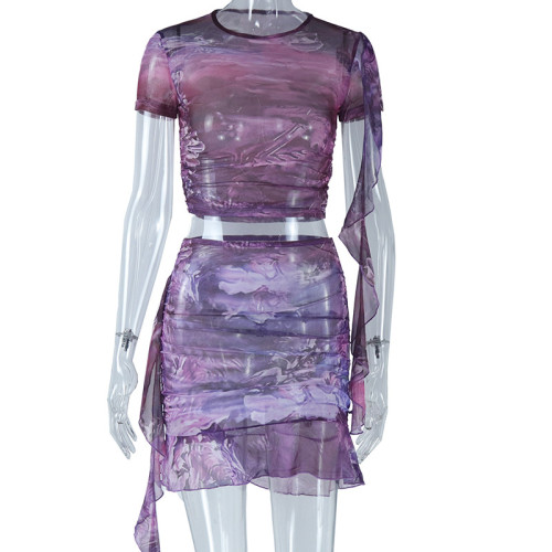 Mesh printed tight fitting skirt with ruffle edge short top and mini skirt fashion set