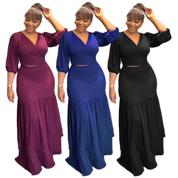 Slim Fit Short Top Casual High Waist Half Skirt Commuter Style Two Piece Set