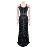 Women's solid color suspender sleeveless hot diamond backless long dress dress