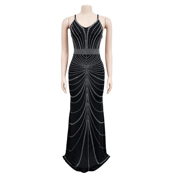 Women's solid color suspender sleeveless hot diamond backless long dress dress