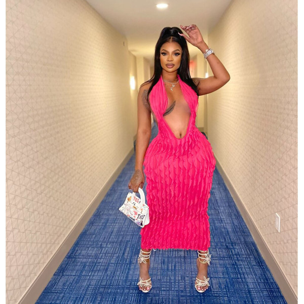 Fashion Women's Solid Color Hollow Wave Pattern Long Dress Dress