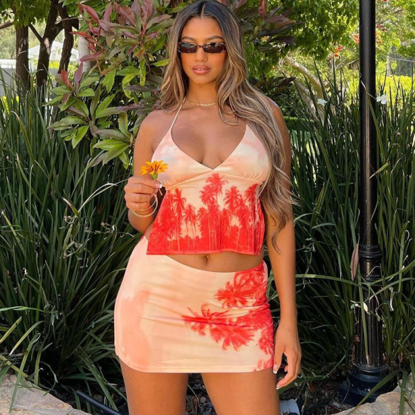Fashion Print Sexy Wrap Chest Strap Small Tank Top Half Dress Two Piece Set