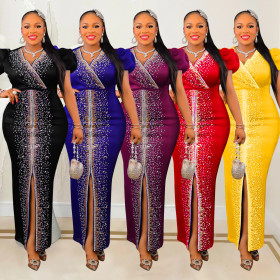 Fashion Women's Hot Diamond Bubble Sleeve Elastic V-Neck Long Dress Dress
