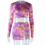 Fashionable floral print round neck long sleeved sexy exposed navel ultra short split skirt set