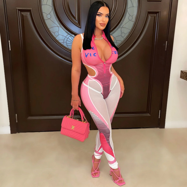 Women's printed sleeveless zippered tight pants two-piece set