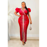 Fashion Women's Hot Diamond Bubble Sleeve Elastic V-Neck Long Dress Dress