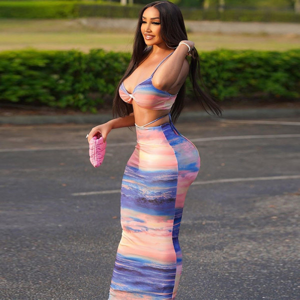Tight and backless two-piece set with suspender, bra, short vest, high waistband, lace up skirt, fashion dress set