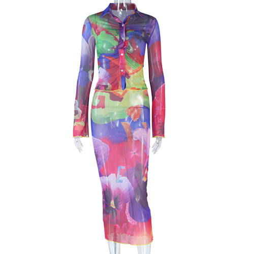 Fashion printed top, shirt collar button, flared sleeves, buttocks, half length skirt, vacation two-piece set