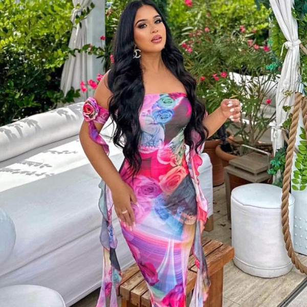 Chest wrap tight dress with floral ribbon sleeves, printed buttock wrap dress, mid length dress