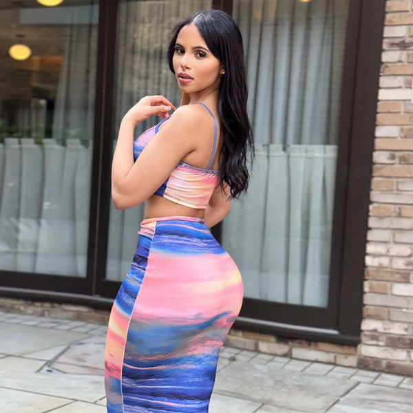 Tight and backless two-piece set with suspender, bra, short vest, high waistband, lace up skirt, fashion dress set