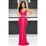 Women's solid color suspender sleeveless hot diamond backless long dress dress