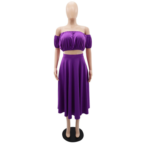 One line collar, bra, high waist, A-line long skirt, spring and summer women's two-piece set