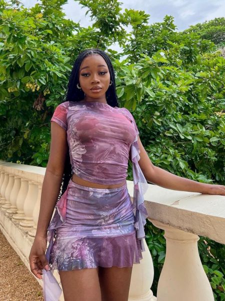 Mesh printed tight fitting skirt with ruffle edge short top and mini skirt fashion set