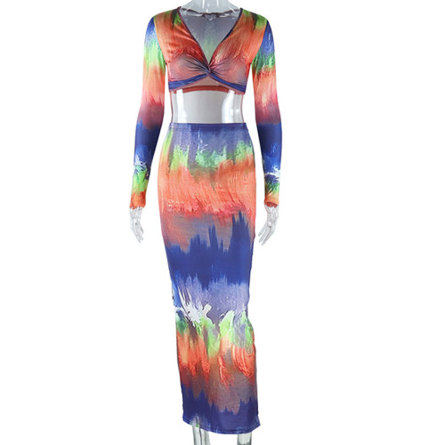 Fashionable gradient print sexy wrap chest long sleeved half body wrap buttocks skirt two-piece women's set