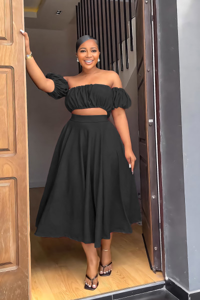One line collar, bra, high waist, A-line long skirt, spring and summer women's two-piece set