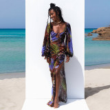 Lace printed long sleeved mesh loose U-neck long dress