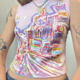 Girls' Pink Dopamine Children's Fun Print Round Neck Sleeveless Top Small Fresh and Cute Wear Slim Versatile Tank Top