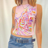 Girls' Pink Dopamine Children's Fun Print Round Neck Sleeveless Top Small Fresh and Cute Wear Slim Versatile Tank Top