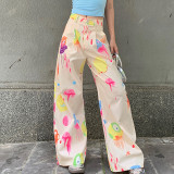 Fun Print Street Trend Spicy Girl Wide Leg Pants Summer Thin High Waist Workwear Loose Casual Pants