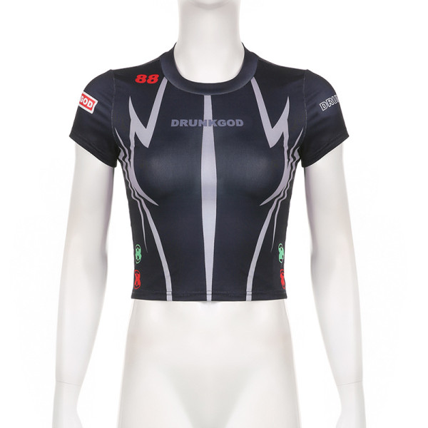 Personalized line printed motorcycle style with exposed navel T-shirt, Spicy Girl Color Matching Versatile Round Neck Slim Fit Top