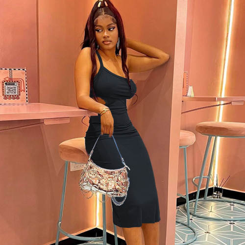 Oblique Shoulder Skinny Dress with Solid Color Pullover Head Wrap Hip Skirt Mid length Skirt