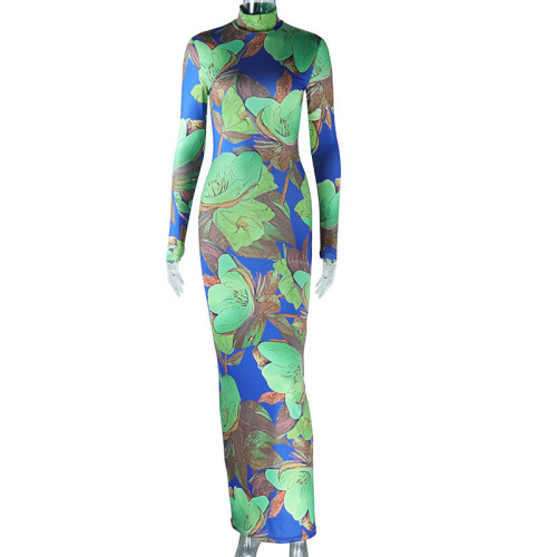 Fashionable printed round neck, long sleeved buttocks, artistic retro pullover, slim fitting, versatile casual dress