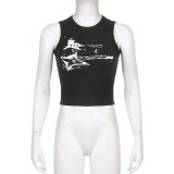 Retro Graffiti Abstract Print Thread Knitted Bottom Shirt Street Casual Versatile Sports Tank Top