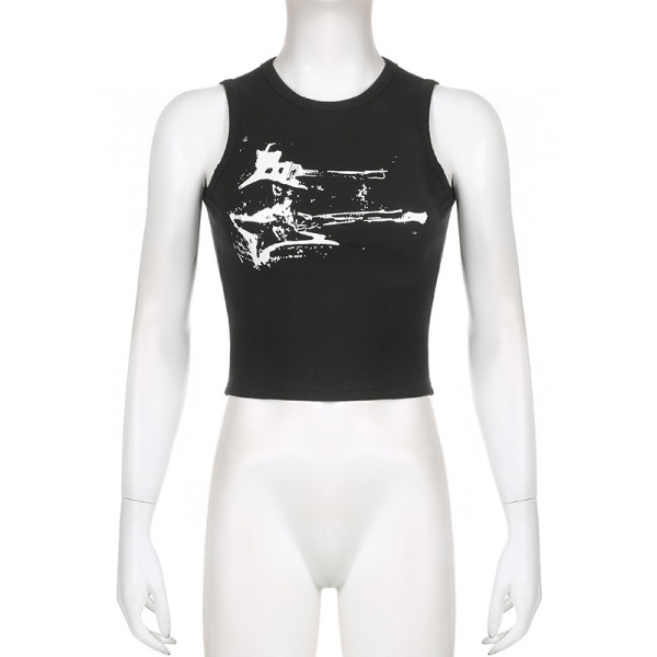 Retro Graffiti Abstract Print Thread Knitted Bottom Shirt Street Casual Versatile Sports Tank Top