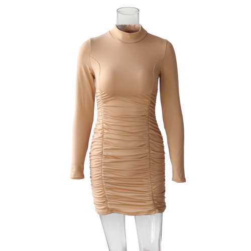 Hip Wrap Dress Sexy Long Sleeve Slim Fit Pleated Dress